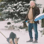 A senior couple shoveling snow with a dog